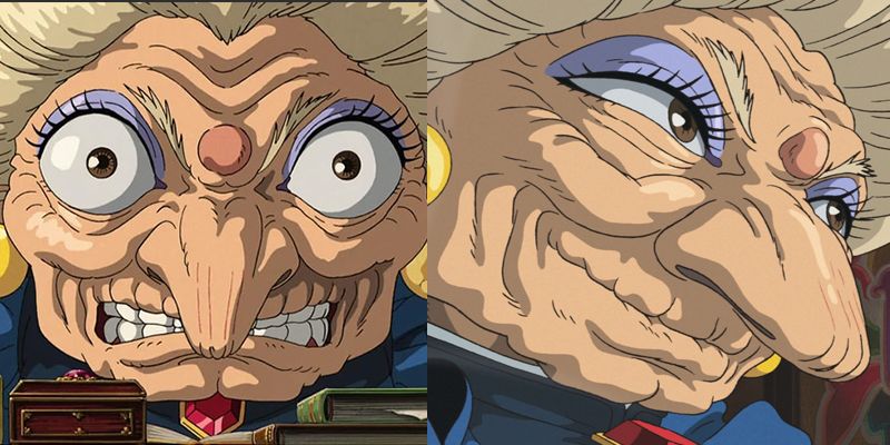 Yubaba's eyes in Spirited Away sit in a mass of expressive wrinkles.
